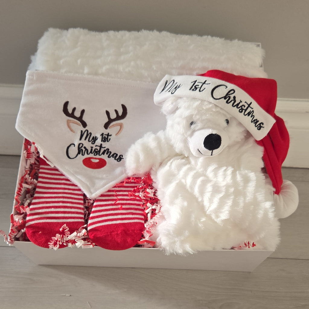 Decorative pillow with a teddy bear design and Christmas-themed text on a neutral background