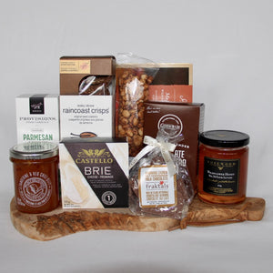 This lovely charcuterie gift is filled with perfectly paired organic and wholesome Canadian gourmet foods presented on a beautiful keepsake olive wood serving board. The perfect gift for any celebration including Birthday, Sympathy, Housewarming, Retirement, or even just to say 'Thank You'!