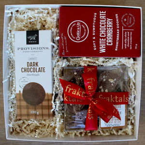 Sweet little gift box filled with Fraktals Belgian chocolate buttercrunch, dark chocolate shortbread, and white chocolate cranberry shortbread. The perfect little gift box for Valentine's Day or Galentine's Day.