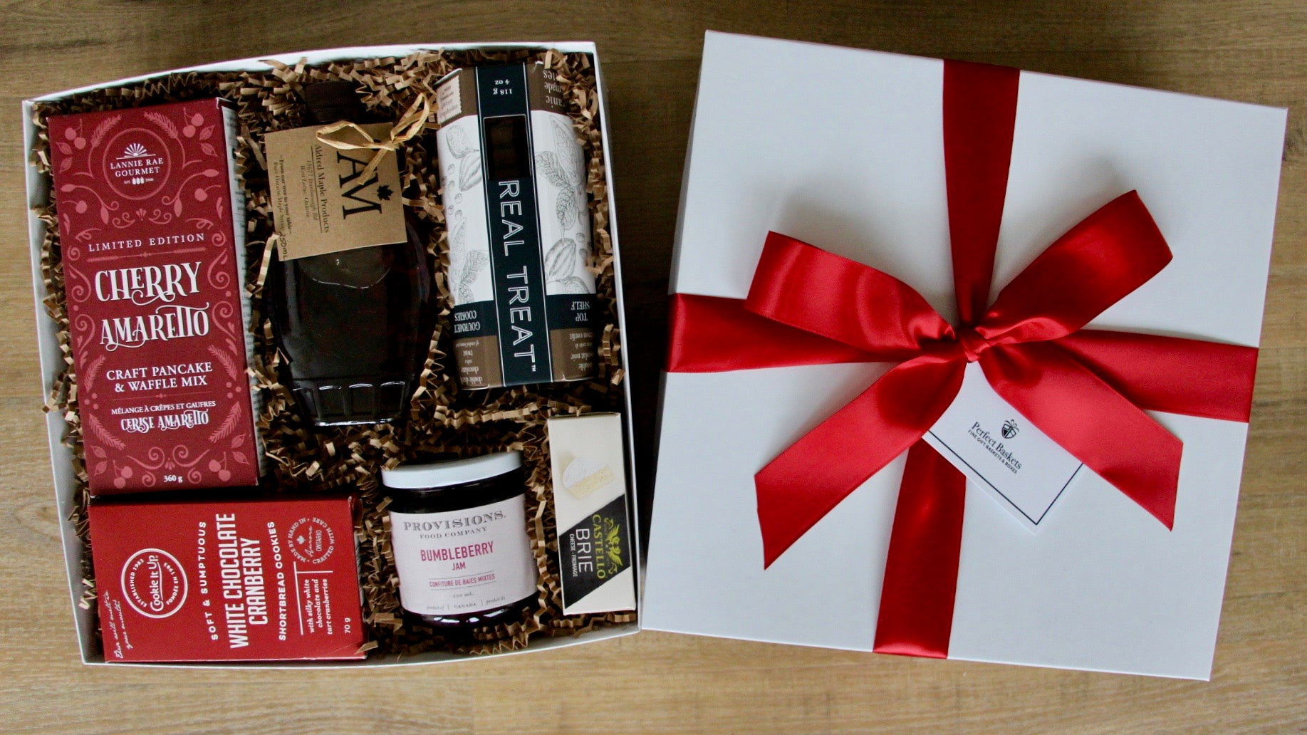 Holiday breakfast gift box with real Canadian maple syrup, craft pancake & waffle mix, jam by Provisions Food Company, brie cheese, and Real treat shortbread