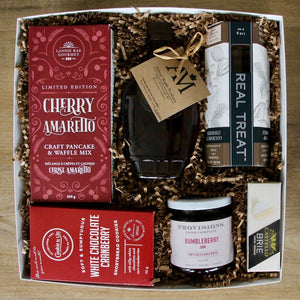 Holiday breakfast gift box with real Canadian maple syrup, craft pancake & waffle mix, jam by Provisions Food Company, brie cheese, and Real treat shortbread