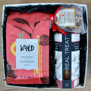 Coffee Gift Box with certified organic, fair trade coffee, real treat shortbread and Fraktals chocolate buttercrunch