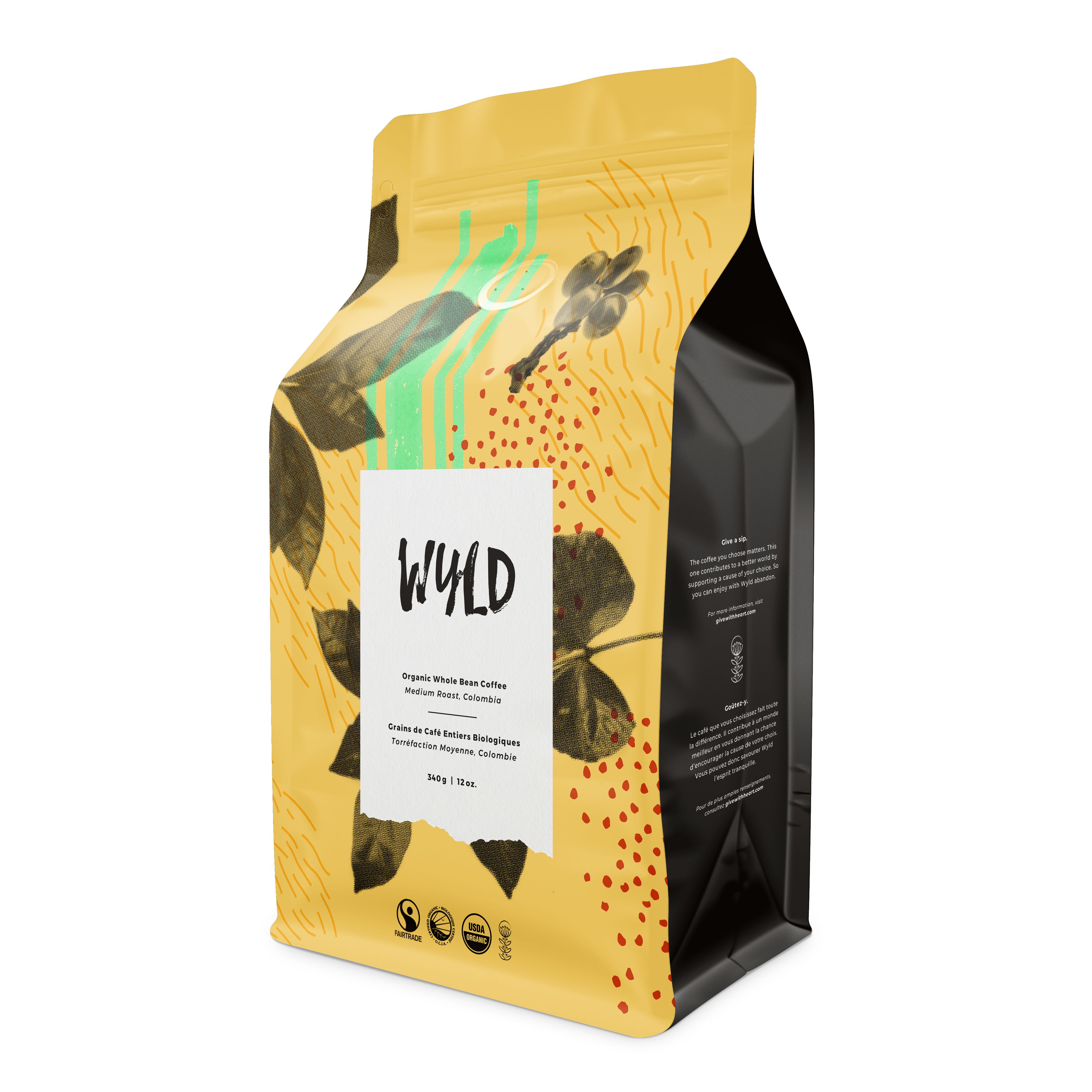 Certified Fair Trade Organic Coffee by Toronto's Wyld Coffee Co. - Medium Roast, Colombia 340g. Roasted locally in small batches to ensure freshness
