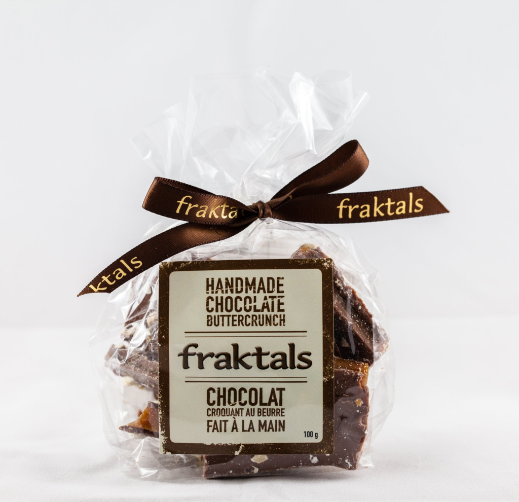 Fraktals Belgian Milk Chocolate Buttercrunch 225g - Handmade in Aurora, Ontario and is gluten-free, preservative free and non GMO. You can find them in our gift baskets or add it when creating your own custom gift basket with us!
